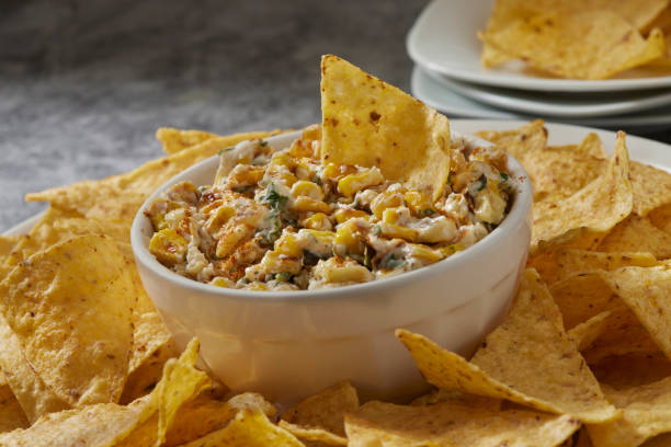 Grilled Mexican Street Corn Dip with Jalapeno Peppers and Tortilla Chips