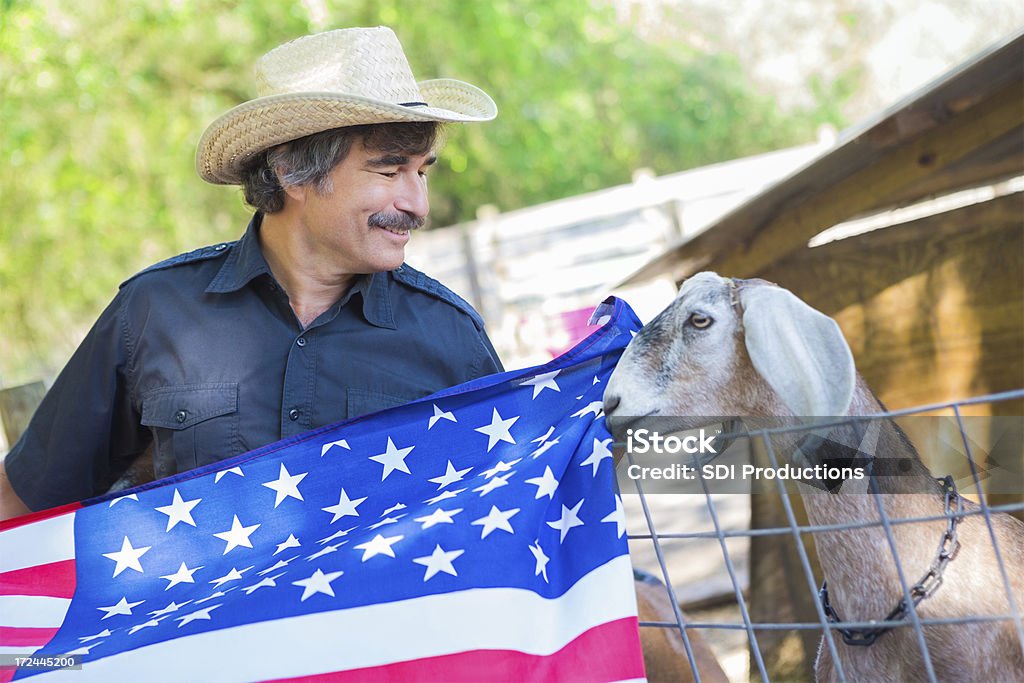 Ländliche amerikanischen farmer im Freien mit Tieren und Flagge - Lizenzfrei Bauernberuf Stock-Foto