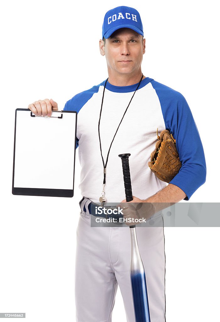 Allenatore di Baseball con appunti isolato su sfondo bianco - Foto stock royalty-free di Allenatore