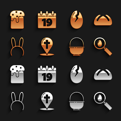 Set Map pointer with christian cross Easter cake Search and easter egg Basket Mask long bunny ears Broken and Calendar Happy icon. Vector.