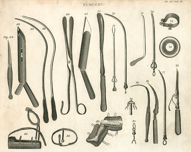 хирургические инструменты xviii века старинный иллюстрация - engraved image surgery isolated metal stock illustrations