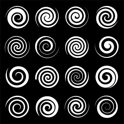Set of vector spirals. Abstract shapes for design. White circles on a black background.