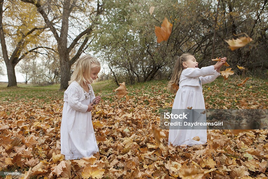 Bambini che giocano con foglie autunnali - Foto stock royalty-free di 4-5 anni