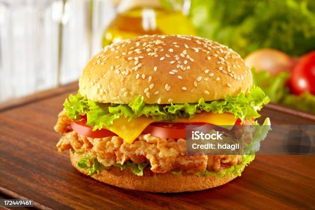 Chicken Burger Stock Photo - Download Image Now - Chicken Burger, Crunchy, Cut Out