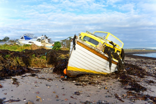 A storm damaged cabin cruiser boat.Battered by a storm the windows have smashed and the boat is now filled with seaweed which can be seen cascading from the windows.Similar images: