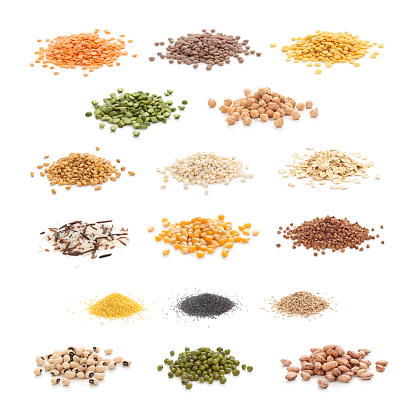 Grain and cereal collection. Isolated on white.