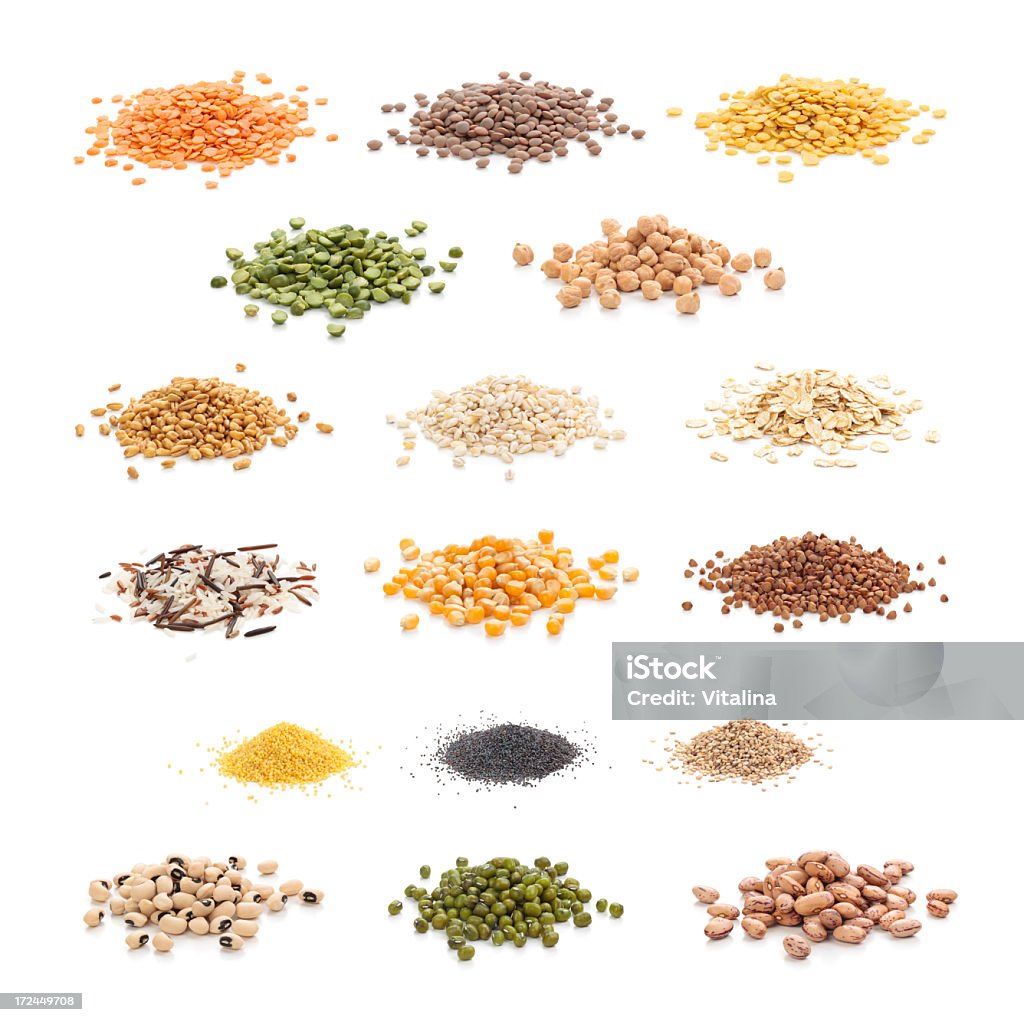 Grains and cereals. Grain and cereal collection. Isolated on white. Cut Out Stock Photo