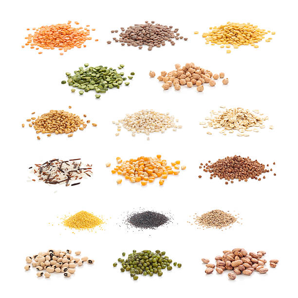Grains and cereals. Grain and cereal collection. Isolated on white. rice cereal plant photos stock pictures, royalty-free photos & images