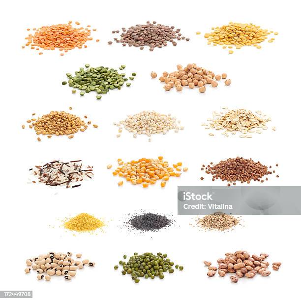 Grains And Cereals Stock Photo - Download Image Now - Cut Out, Seed, White Background