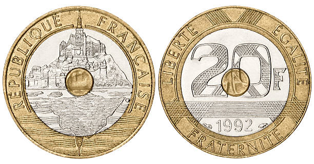 французский франк на белом фоне - france currency macro french coin стоковые фото и изображения