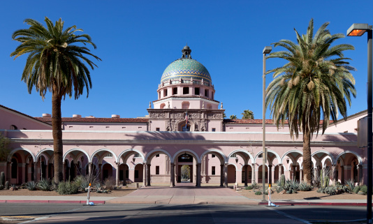 Front view of the Spanish Colonial Revival style Pima County Courthouse in Tucson, Arizona.