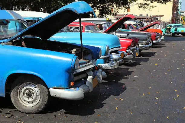 Old Cuban taxis parked in the center of Havana, Cuba