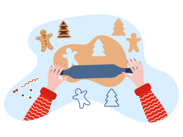 Christmas cookies. A woman rolls out dough for homemade cookies with icing. Christmas cookies. A woman rolls out dough for homemade cookies with icing. Merry Christmas and happy holidays. Vector illustration. gingerbread man cookie cutter stock illustrations