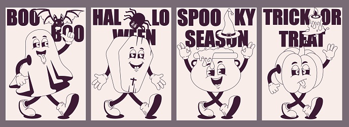 Halloween posters. Trendy retro groovy 70s-80s style in monochrome. Ghost, Coffin, Pumpkin, Potion. Modern vector posters.
