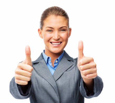Portrait of happy young businesswoman gesturing thumbs up. Horizontal shot. Isolated on white.