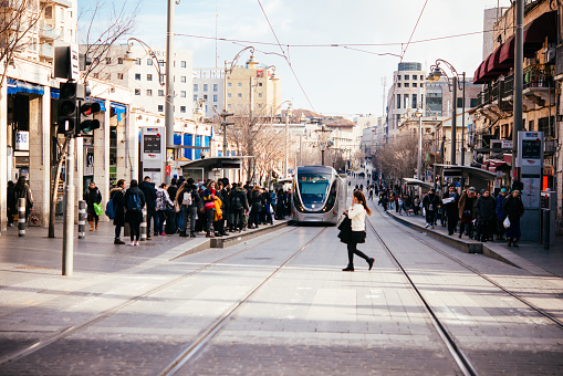View of the light rail train tram in the streets of Jerusalem, Israel.