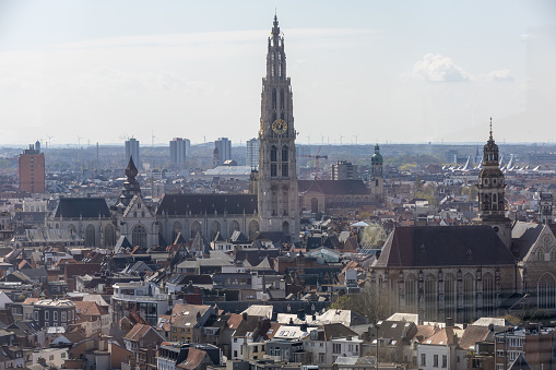 Antwerp, Belgium. 15 April 2023. Cityscape with “Onze Lieve Vrouwekathedraal”. The Cathedral of Our Lady is a Roman Catholic cathedral. Build in Gothic style and World Heritage.