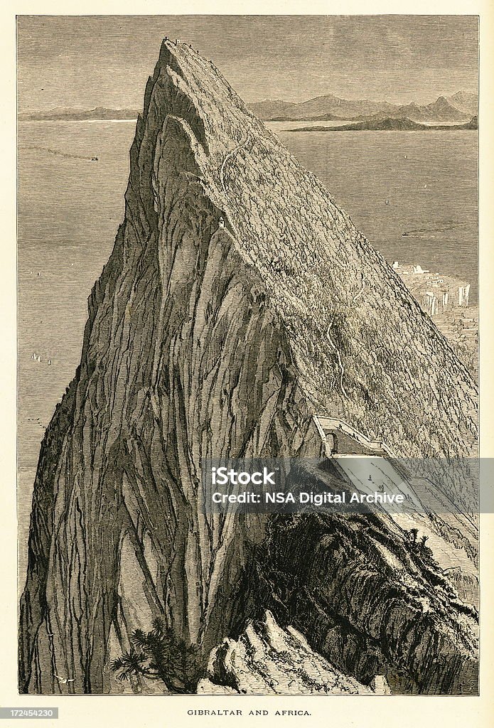Gibraltar i Afryka (stare Drewno Grawerunek) - Zbiór ilustracji royalty-free (Skała Gibraltarska)