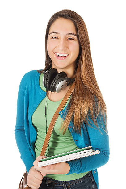 istock Happy teenager laughing while ready for school, isolated on white 172454243