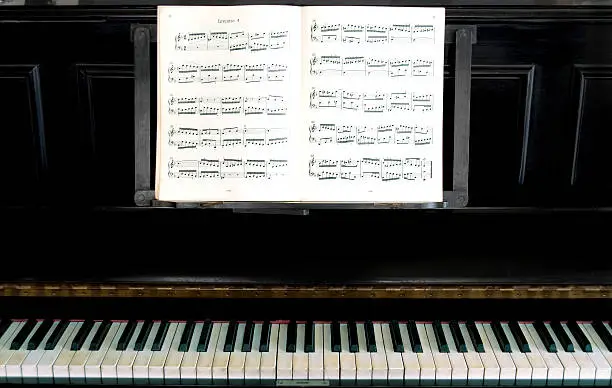 A book with music on a piano