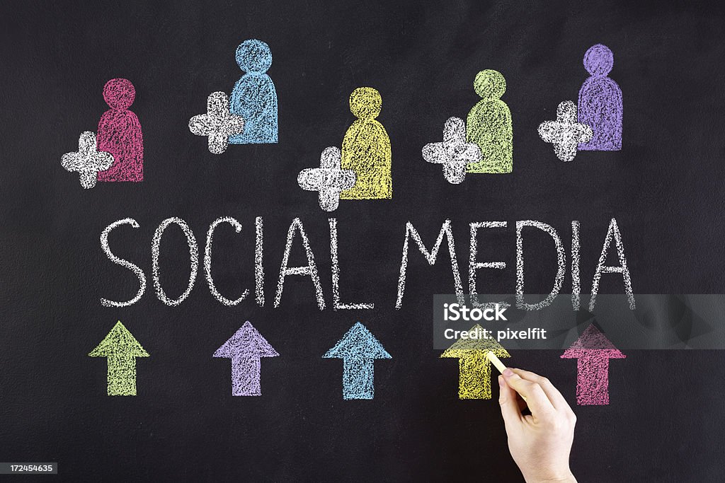 Social media Man's hand drawing social media chart on blackboard Profile View Stock Photo