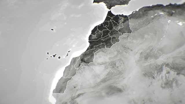 Zoom in on monochrome map of Morocco, 4K, high quality, dark theme, simple world map, monochrome style, night, highlighted country and cities, satellite and aerial view of provinces, state, city,
