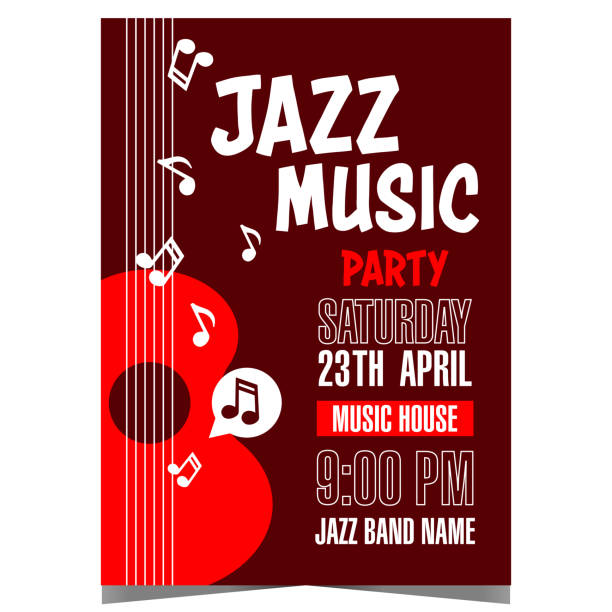 Jazz music party invitation poster with red guitar and white musical notes on black background. Jazz music party invitation poster with red guitar and white musical notes on black background. Jazz music concert banner, leaflet or flyer to promote live music event, festival and jazz culture. concert poster template stock illustrations