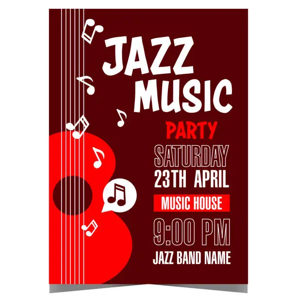 Vector illustration of Jazz music party invitation poster with red guitar and white musical notes on black background.