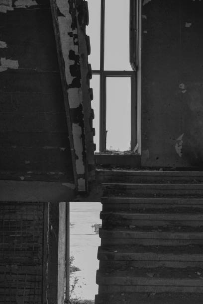 istock Burnt stairs in a destroyed school 1724547636