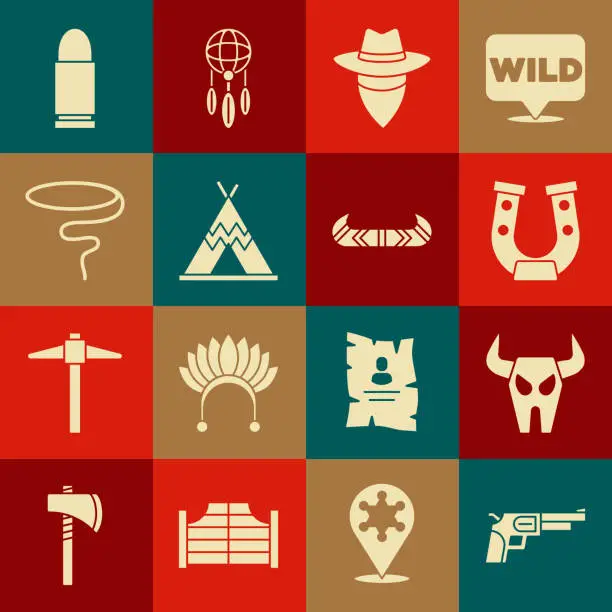 Vector illustration of Set Revolver gun, Buffalo skull, Horseshoe, Cowboy, Indian teepee wigwam, Lasso, Bullet and Kayak canoe and paddle icon. Vector
