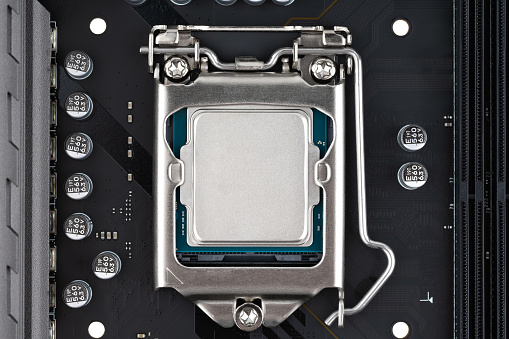 PC processor socket close-up. CPU socket on the motherboard.