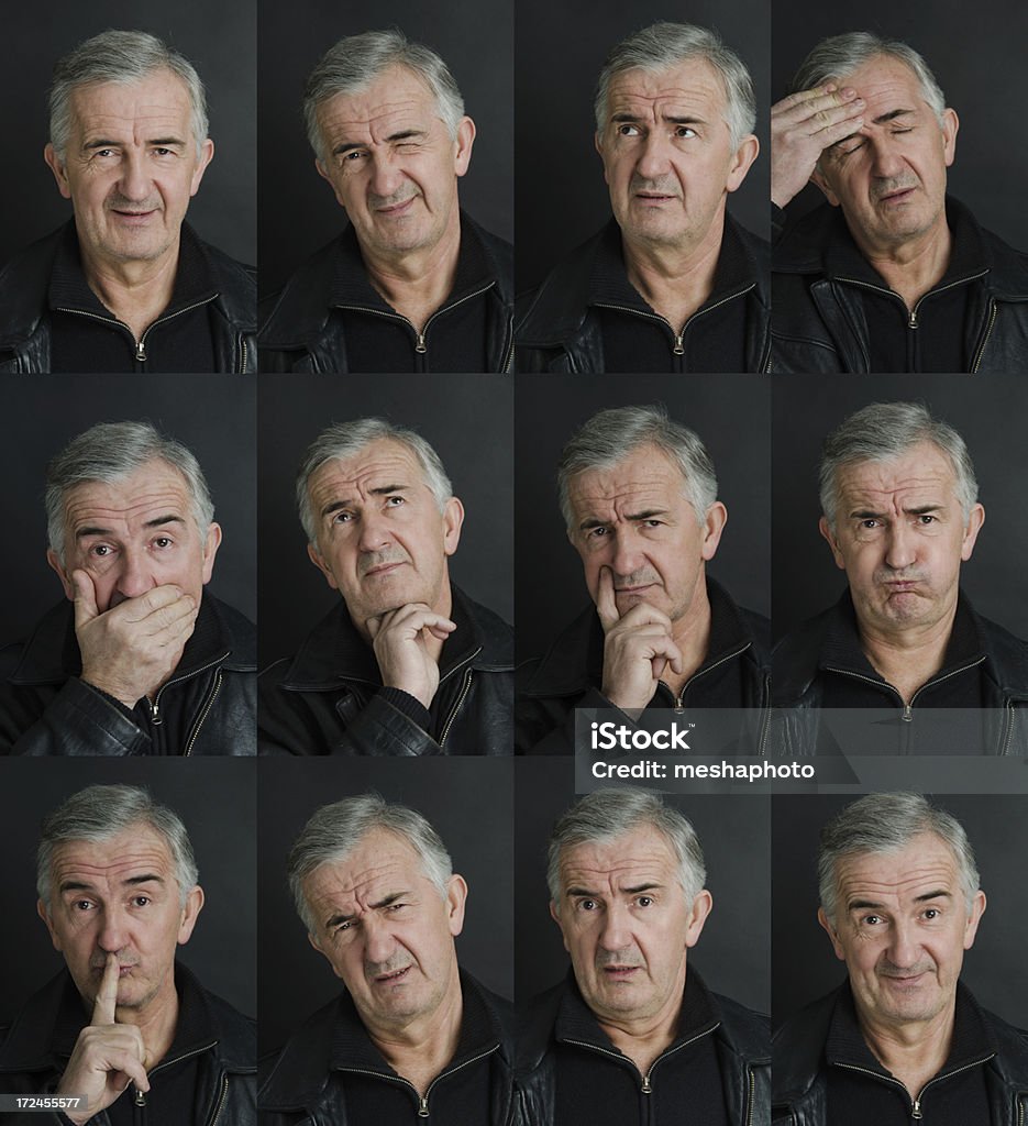 Mature Man Facial Expression Set Twelve different Facial expressions of a mature man. Mood variations Multiple Image Stock Photo