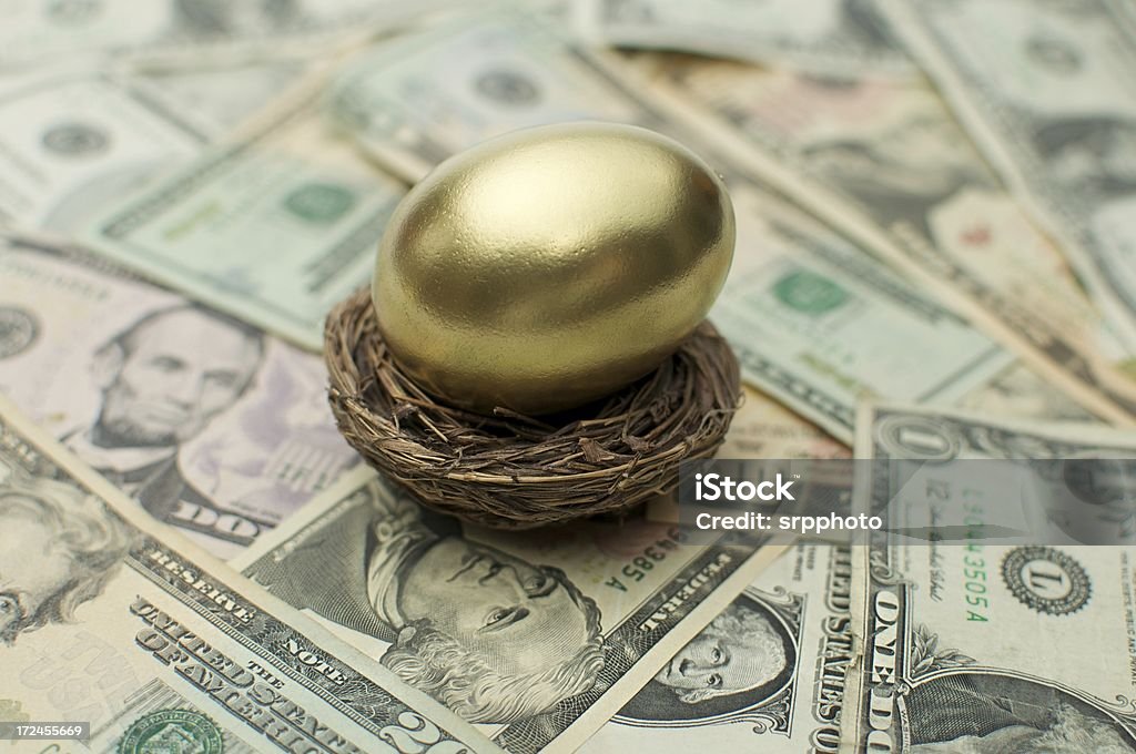 Savings "large golden egg in nest sitting on a pile of american money, variety of dollar bills of different currency" Animal Egg Stock Photo