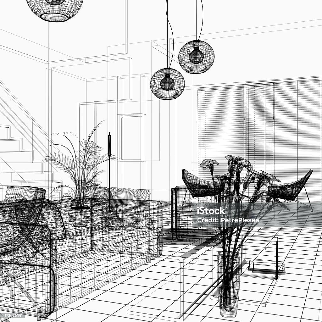 Wireframe 3d Modern Interior Blueprint Render Image Architecture ...