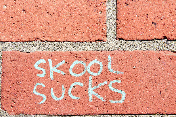 Education Concept Skool sucks spelled incorrectly written in graffiti on a red brick wall with copy space above the text. misspelled stock pictures, royalty-free photos & images