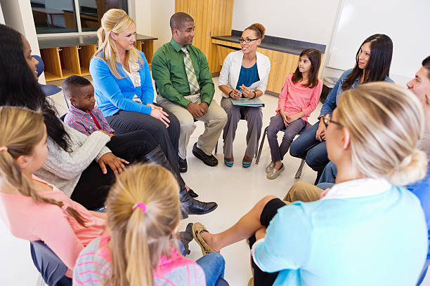 istock Elementary school discussion meeting with teachers parents and students 172456742