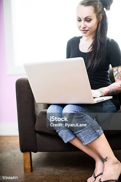 Tattoed Young Woman On Laptop Stock Photo - Download Image Now - 20-29 Years, Adult, Adults Only