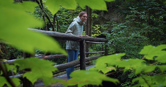 Woman standing on a wooden bridge in rainy day in the forest. Green deciduous woods in spring or summer. Austria.
