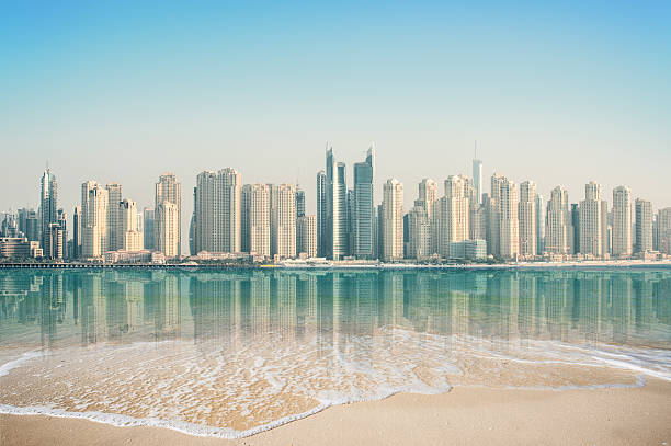 Beach Cityscape Holiday resort on the Palm Island in Dubai with a view of Jumeirah jumeirah stock pictures, royalty-free photos & images