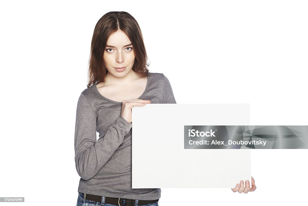 Hermosa Chica con solución en blanco blanco banner. - Foto de stock de Adolescente libre de derechos