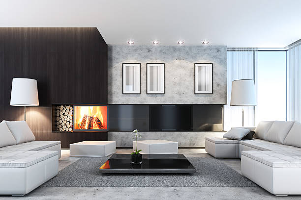 villa di lusso con tv e caminetto - fireplace living room door wall foto e immagini stock