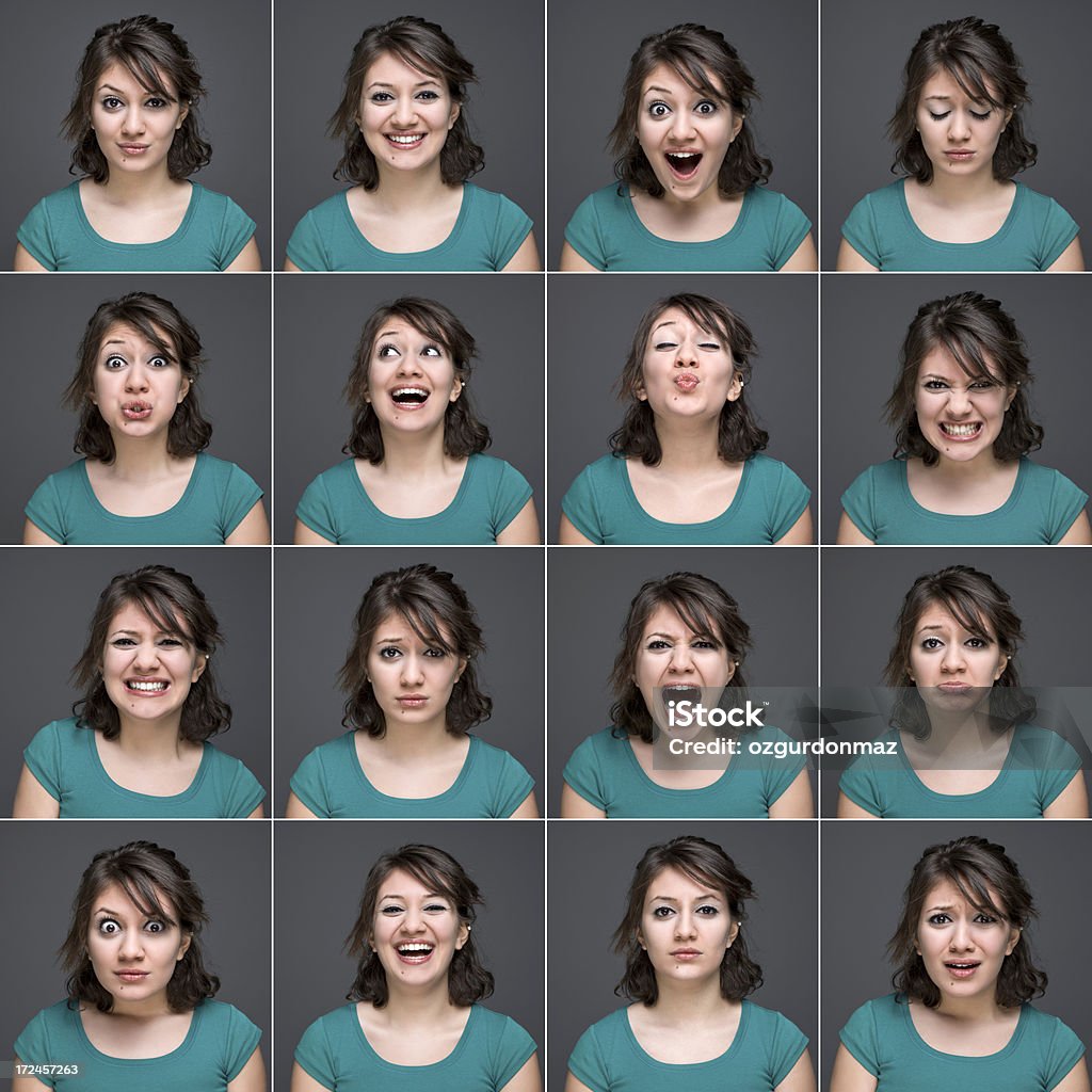 Junge schöne Frau, die verschiedenen Gesichtsausdrücken, Studioaufnahme - Lizenzfrei Gesichtsausdruck Stock-Foto