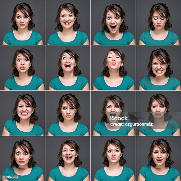 Junge Schöne Frau Die Verschiedenen Gesichtsausdrücken Studioaufnahme Stockfoto und mehr Bilder von Gesichtsausdruck