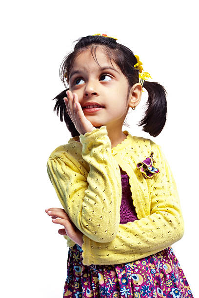 Pensive Casual Indian Girl Child Isolated On White Stock Photo - Download  Image Now - Contemplation, Child, Culture of India - iStock