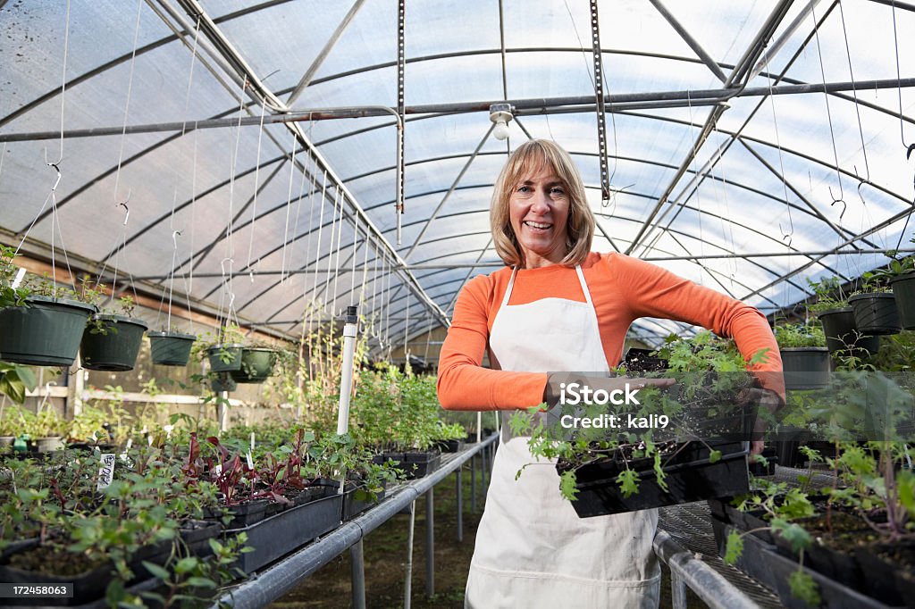 Mulher trabalhando no centro de jardim - Foto de stock de Erva royalty-free