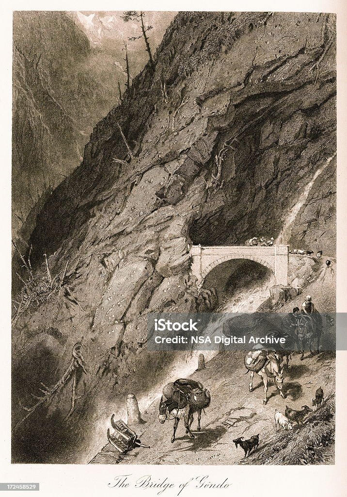 Puente de Gondo, Suiza (grabado) acero de antigüedades - Ilustración de stock de Pennines libre de derechos