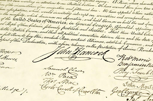 Close-up of some of the  signatures on the Declaration of Independence.
