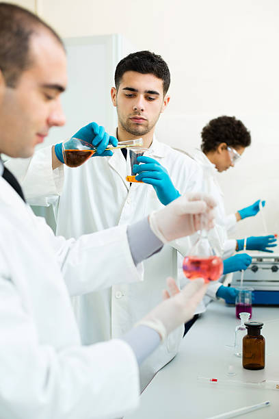 equipe de cientistas em laboratório - laboratory glassware beaker flask glass imagens e fotografias de stock