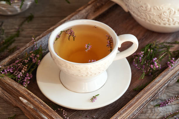 istock Heather tea in a white cup on a tray 1724593613