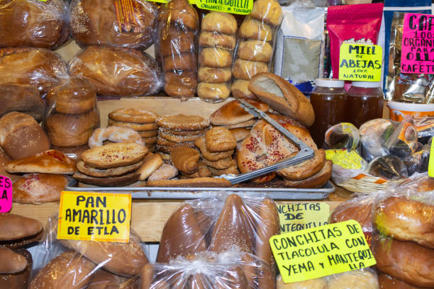 Mexican bakery with various types of bread and signs with their names